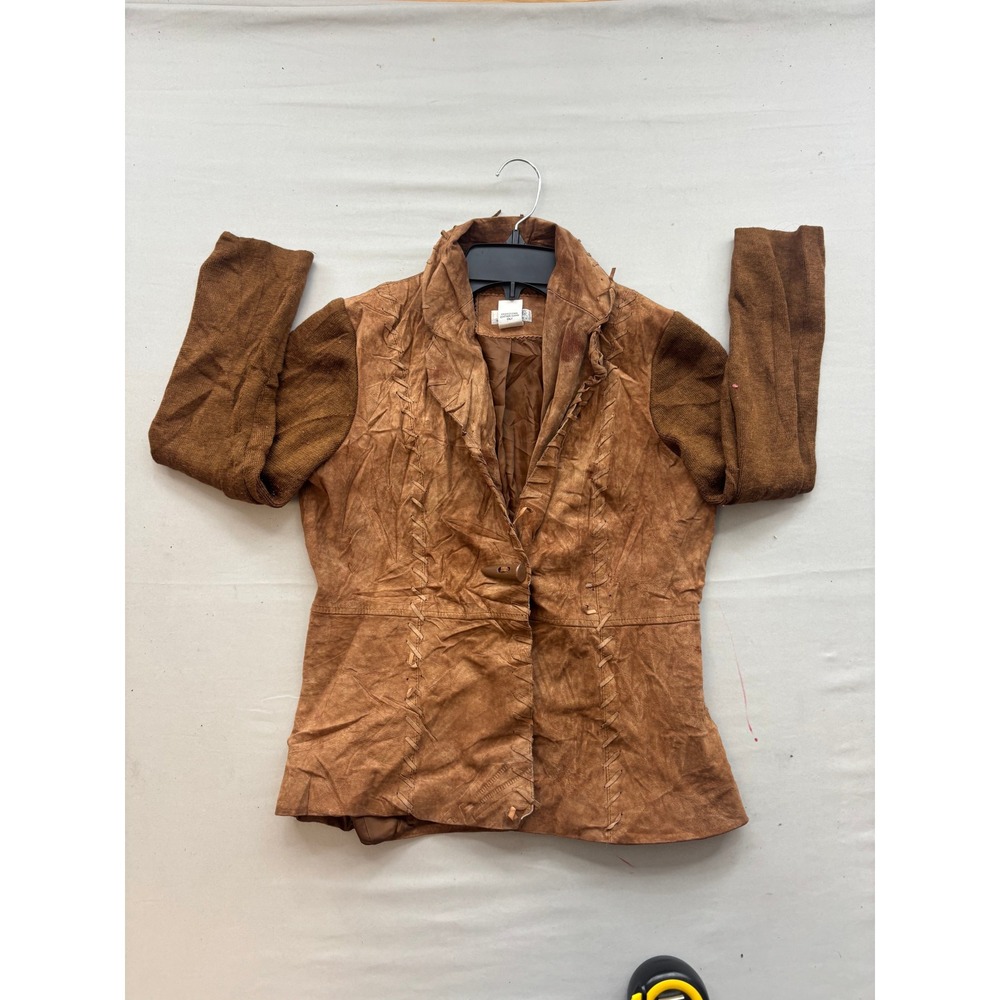 Stonebridge Signature Leather Knit Sleeve Jacket Brown Whipstitch Petite Small